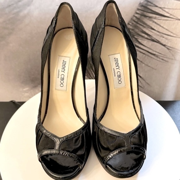 🌸 JIMMY CHOO🌸 Black Satin Patent Leather Peep Toe heels size 40 EU - Picture 7 of 13
